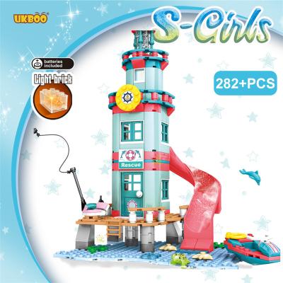 China Construction Toy Free Shipping Light Brick Fishing Yacht Beach Rescue Lighthouse Building Building Blocks Brick Collecting Toy Girl City for sale