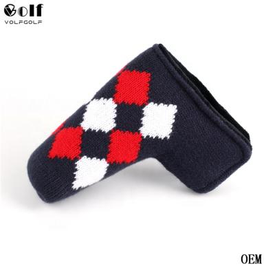 China Golf Knitted Fabric Volf Diamond In The Golf Pattern White And Red Putter Headcover Magnetic Closure for sale