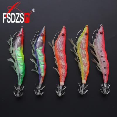 China ABS Plastic 19g 13cm Jigging Fishing Wood Shrimp Lure Squid Cuttlefish Jig Lure Fluorescence Wood Luminous Shrimp With Hook 3.5# for sale