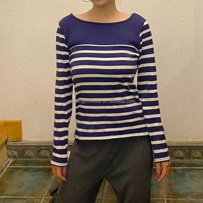 China 2021 Women's T-shirt Boat Neck Crew Neck Drop Shoulder Stripe Tee Breathable Casual Long Sleeve T-Shirts For Women for sale