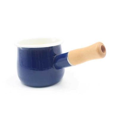 China Sustainable Wholesale Colorful Small Ceramic Enamel Milk Jar With Long Wooden Handle for sale