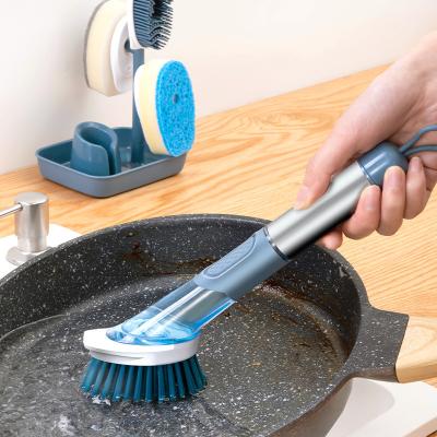 China Wholesale Viable Kitchen Cleaning Brush Set With Long Handle Removable Pot Dish Cleaner Automatic Sponge Brush Dispenser Liquid Dispenser for sale