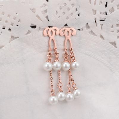 China Rose Gold Plated Jewelry Pearl Steel Pearl Earrings Titanium Tassel Wholesale Romantic for sale