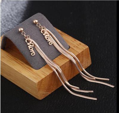 China New temperament romantic long titanium tassel Rose Gold Jewelry Personality Fashion steel earrings wholesale for sale