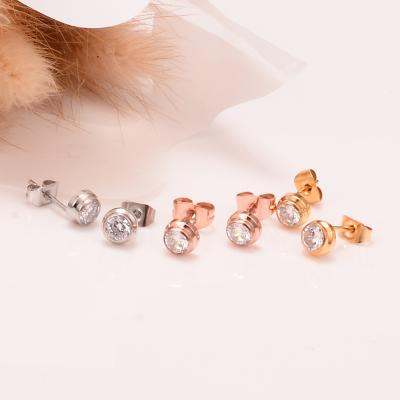 China Wholesale Romantic Single Women's 18k Rose Gold Plated Jewelry Diamond Stud Earrings Titanium Steel for sale