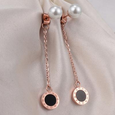 China Rose Gold Long Line Pearl Tassel Stud Earring 18K Romantic Simple Titanium Steel Gold Plated Jewelry for sale