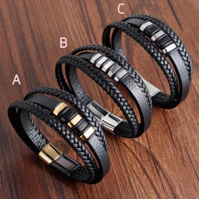 China Career newcomer men's hand office/leather jewelry 3 layers of real leather men's magnetic bracelet clasp bracelet for sale