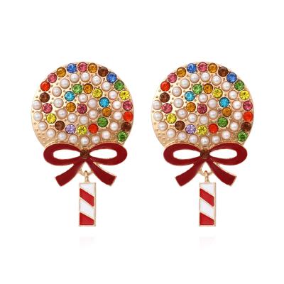 China High quality creative earrings lollipop inlaid pearl earrings cartoon candy diamond female Christmas ornaments for sale