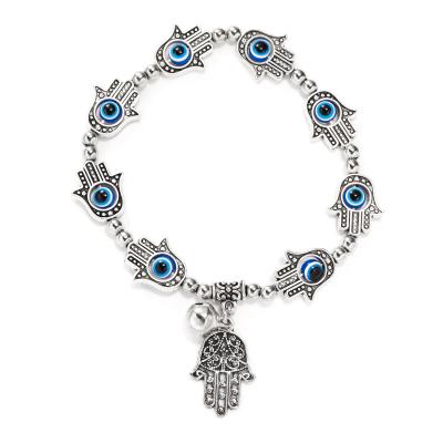 China CLASSIC Hot Selling Beaded Elastic Eye Bracelet Fatima Hand Blue Eye Beads Palm Bracelet Pendant Elastic Bracelet for sale