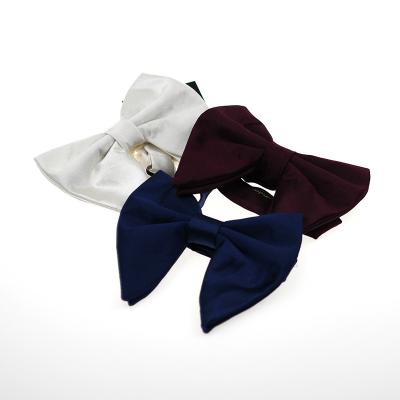 China Wholesale Hand Made Solid 100% Silk Plain Banded Two Ply Bow Tie Pre-tied Big Look Adjustable Oversized Unique Luxury Vintage Bow Tie for sale