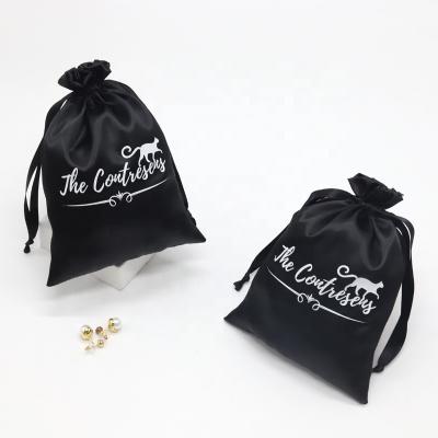 China Sweet Customized Logo Drawstring Satin Gift Small Silver Bag Black Satin Jewelry Pouch Wholesale for sale