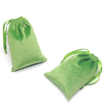 China Recyclable Embossed Green Logo Velvet Drawstring Bags Velvet Packaging Bag Gift Crafts Jewelry Protect for sale