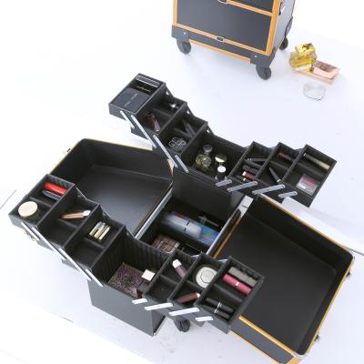 China Fashionable Wholesale Professional Aluminum Cosmetic Trolley Case Rolling Makeup Travel Train Trolley Case for sale