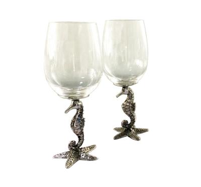 China Seahorse shape wine glass with seahorse handle, metal stem wine glass for sale