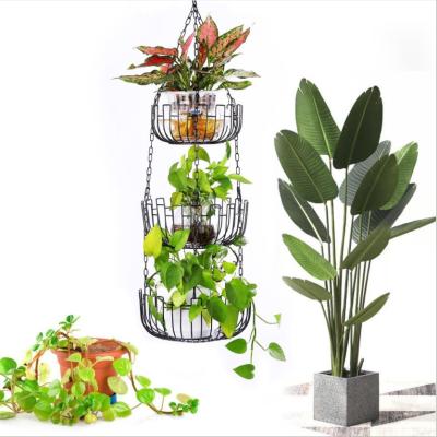 China Sustainable Unique Design Hanging With Hook And Chain 3 Row DIY Metal Fruit Plates Plants Hanging Baskets Multi Use Home Organizers for sale