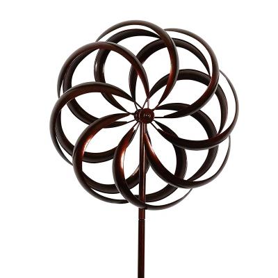 China Minimalist Oniya Bronze Flower Garden Stake Spinner Kinetic Wind Metal for sale