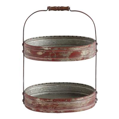 China Steamable Oniya Distressed Red Metal Oval 2 Tier Serving Tray With Handle For Kitchen Decor Accessories for sale