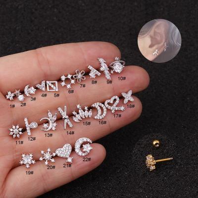 China Trendy Korean Raw Twin Screw Mini Earrings Zircon Perforated Geometry Earrings Stainless Steel 16G Earrings for sale