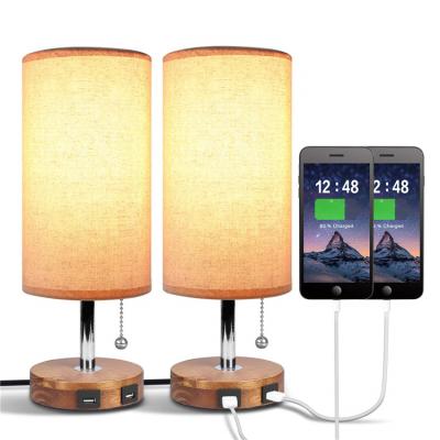 China Modern Yellow Wooden Low Bedside Desk Lamp With Dual USB Charging Ports Perfect For Bedroom for sale