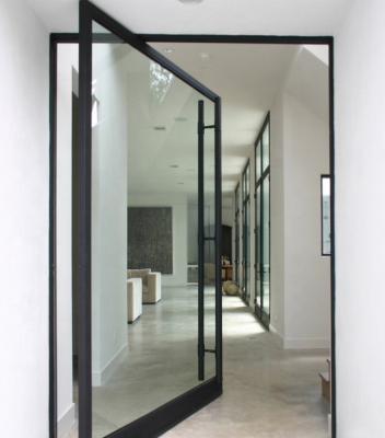 China 1.5mm - 2.0mm Matt Black Aluminum Pivot Front Door Low E Glass Acrylic Strips Doors for sale