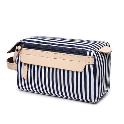 China Durable vintage stripe toiletry bag dop kit large canvas toiletry bag with leather handle for sale