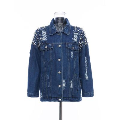 China Breathable Pearl Beading Denim Jackets Women Wash Casual Ripped Jean Jacket Girls Fall Denim Coat Long Sleeve Vintage for sale