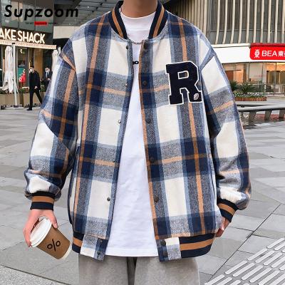 China 2022 Supzoom Fashion New Arrival Rib Sleeve Embroidery Bomber Men's Breathable Cotton Loose Casual Top Coat Vintage Plaid Baseball Jacket for sale