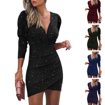 China New 2021Ladies Breathable Waist Trimming Slimming Dress Solid ColorVCollar Long Sleeve Glitter Tight Dress for sale