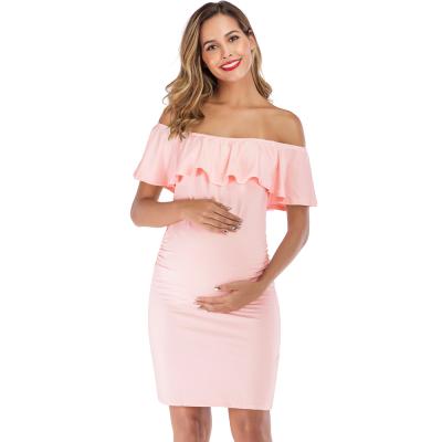 China Antibacterial Fashion Solid Color Maternity Casual Women Dress One-Shoulder Short Sleeve Pregnant Dresses for sale