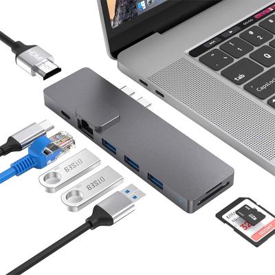 China For Macbook 8 in 1 USB 3.0 Gigabit RJ45 Ethernet USB Hub USB Type C Hub Adapter for Macbook Pro Dock for sale