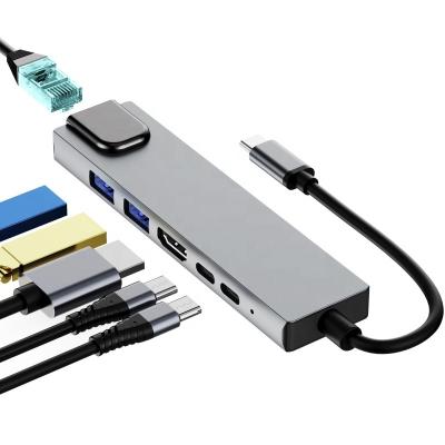 China Port Extension USB C Data Hub 6 in 1 RJ45 Adapter 100Mbps USB Port Hub 3.0 USB Hub Type C for MacBook Pro for sale