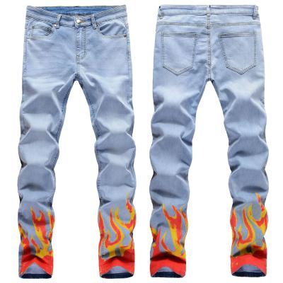 China Sustainable Mens Fashion Flame Blue Printed Slim Straight Jeans for sale