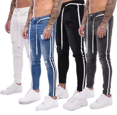 China Viable Men's Ripped Broken Hole Denim Pants Side Stripe Jeans for sale