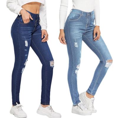 China Color Fade Proof Ladies High Rise Denim Pants Ripped Hole Skinny Jeans for sale