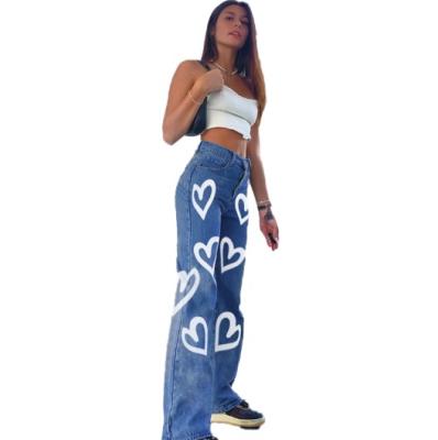 China 2021Casual Viable Heart Printed Streetwear High Waisted Jeans Women Long Straight Pants Y2K Soft Denim Pants Rants Baggy Jeans for sale