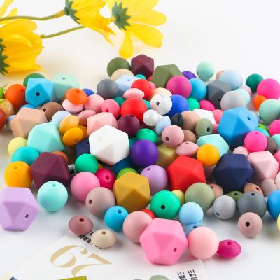 China Custom Colorful Baby Silicone Teething Beads Loose Bead Chew BPA Free Food Grade Round Polygon Silicone Beads For Pens Jewelry Making for sale