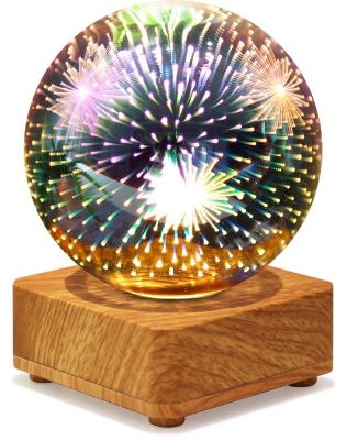 China Famous Modern Crystal Glass Ball Night Light 3D Firework LED Star Light With Wooden Low Decorative Lamp for sale