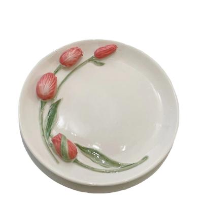 China Lelyi Sustainable Korean INS 3D Embossed Tulip Dish Cake Ceramic Dessert Dish for sale