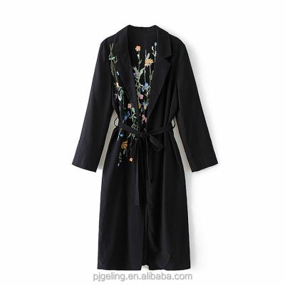 China Breathable Embroidery Floral Color Women Long Neck Suit Fashion Wind Coat With Belt for sale