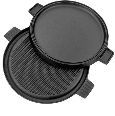 China Camping Panini Cookware Sustainable Stick Non Baking Tray Flat Cast Iron Round Griddle Pan for sale