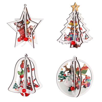 China New Products 3D Christmas Home Border Wooden Hollow Pendant Christmas Tree Christmas Tree Home Dector Bell Pendant for sale