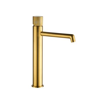 China Modern Single Handle Curved Brush Gold Round Faucet Body Spout Bathroom Basin Faucet Sink Mixer Tap High for sale