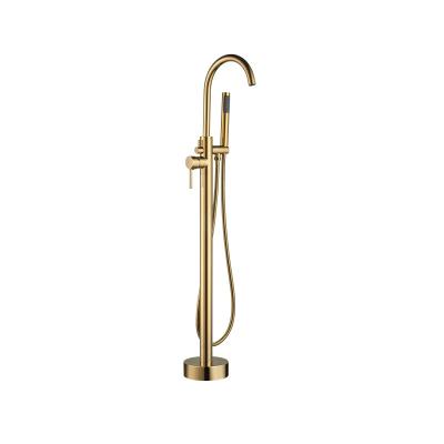 China Without Slide Bar Gold Bathroom Bathtub Floor Mount 2 Handles Brass Freestanding Tub Faucet Shower Mixer for sale