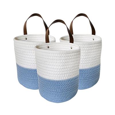 China Sustainable Hanging Storage Basket with Leather Handle Woven Plant Basket for Kitchen Cotton Rope Wall Basket for Nursery for sale