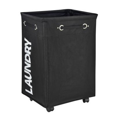 China Folding Laundry Basket Rolling Laundry Hamper With Wheels Black Canvas For Bedrooms Square Shape Large Capacity for sale