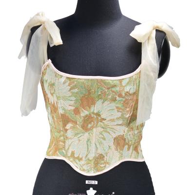 China Antibacterial women fashion aesthetic culture tops lace up strap corset chrysanthemum oil printing light green tight vest chic Bustiers party wear for sale