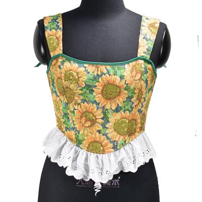 China Antibacterial Green Sunflower Tapestry Jacquard Vintage Style Corset Vest Bustier Floral Woven Lace Up Top for sale