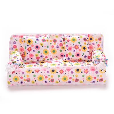 China 1Set Soft Cute Miniature Toy Doll Room Furniture Flower Cloth Sofa With 2 Cushions For Doll Kid's Play Room Toys for sale