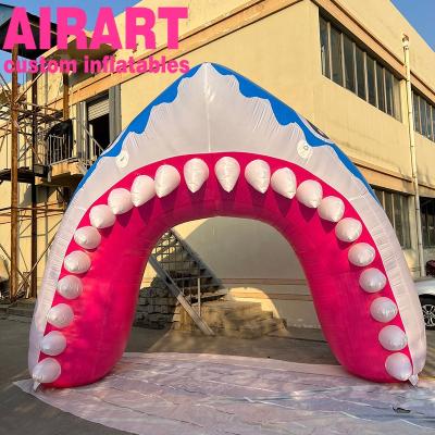 China PVC Tarpaulin/Oxford Cloth/Optional Kids Party Decoration 12ft Popular Inflatable Shark Entrance Gate With Lighting, Jump Up Shark Arcade Toy for sale