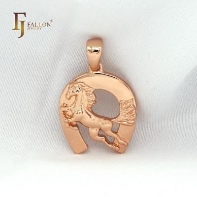 China F86100523 CLASSIC FJ Fallon Horse in a Horseshoe No Stone Pendant Rose Gold or 14K Yellow Gold Plated Brass Based for sale